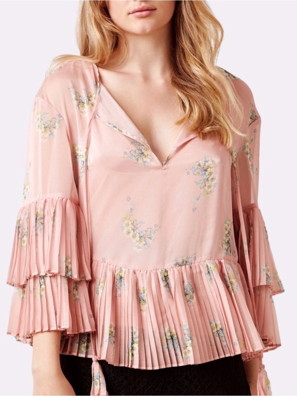 NWOT Stevie May Midnight Blooms Pink Pleated Ruffle Blouse, Size XS
